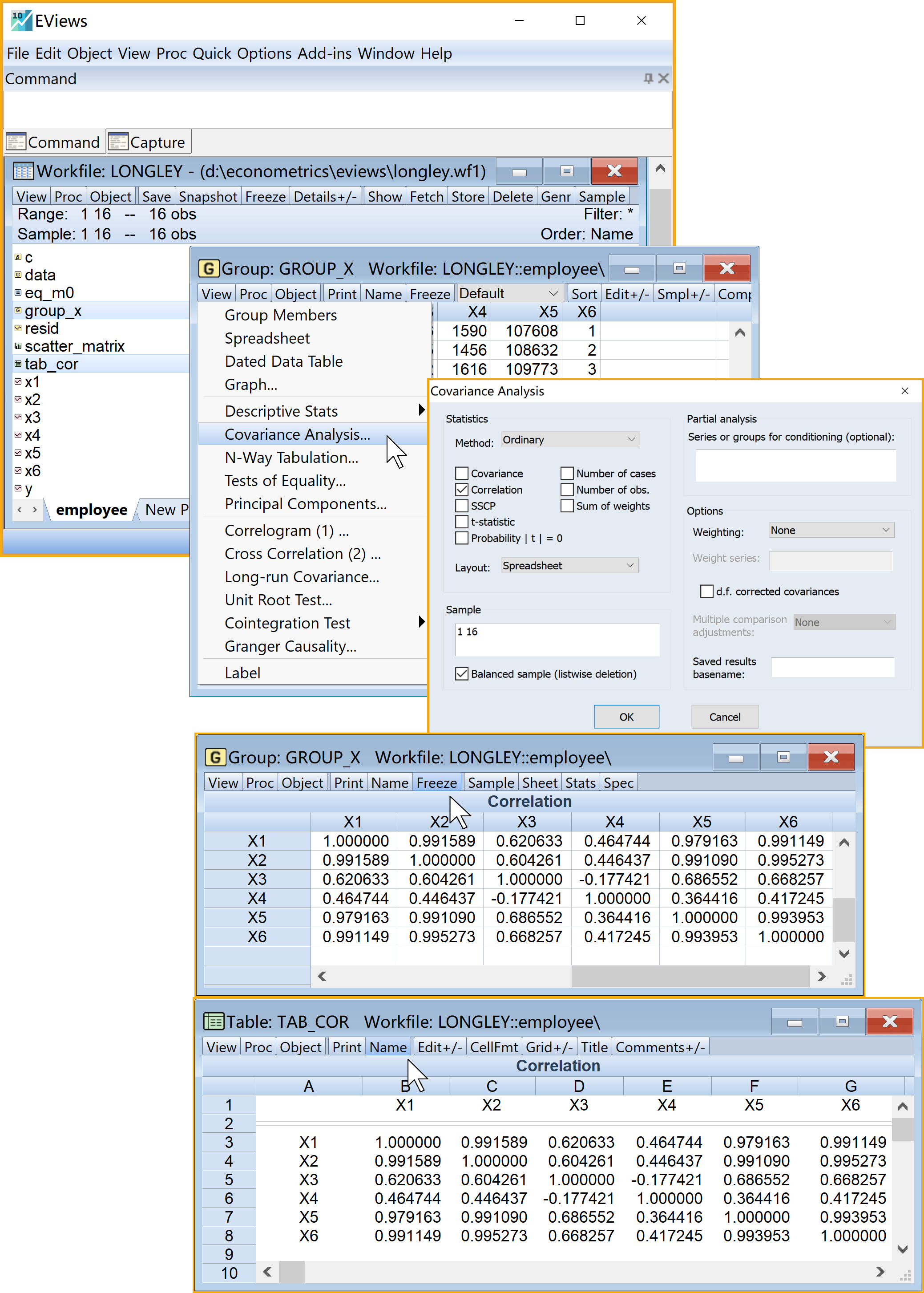 自变量X间相关系数矩阵的Eviews操作